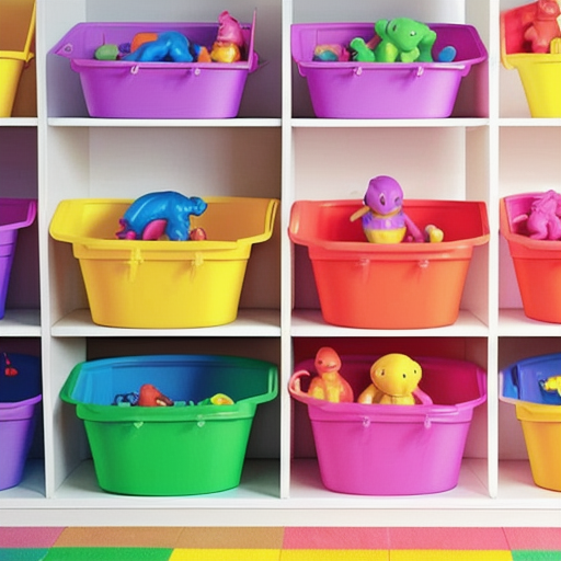 Afbeelding van Organiseer plastic speelgoed emmers in de speelkamer